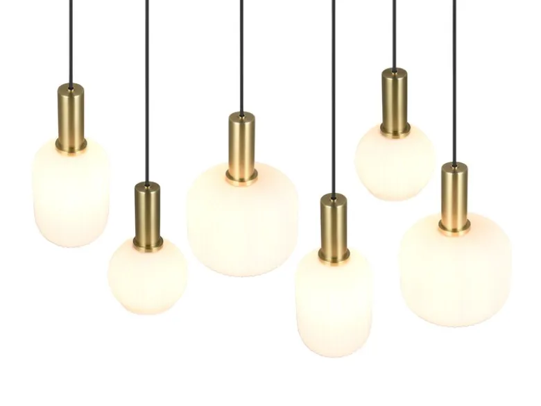 Retro LED Pendelleuchte 6-flammig mit Glasschirmen in Weiß, Breite 92cm