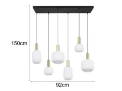 Retro LED Pendelleuchte 6-flammig mit Glasschirmen in Weiß, Breite 92cm