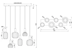 Retro LED Pendelleuchte 6-flammig mit Glasschirmen in Weiß, Breite 92cm