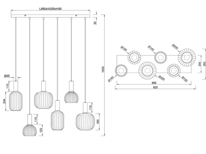 Retro LED Pendelleuchte 6-flammig mit Glasschirmen in Weiß, Breite 92cm