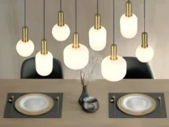 Retro LED Pendelleuchte 8-flammig mit Glasschirmen in Weiß, Breite 120cm