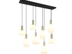 Retro LED Pendelleuchte 8-flammig mit Glasschirmen in Weiß, Breite 120cm