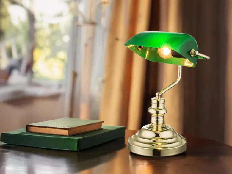 Retro LED Schreibtischleuchte Messing mit Acrylschirm Grün, Höhe 36cm
