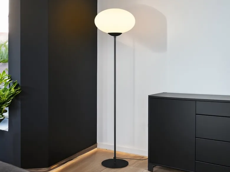 Retro LED Stehleuchte Schwarz mit Glaskugel Lampenschirm, Höhe 150cm