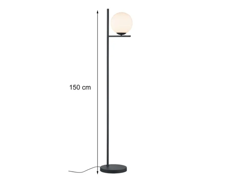 Retro LED Stehleuchte Schwarz mit Glaskugel Lampenschirm Weiß, Höhe 150cm