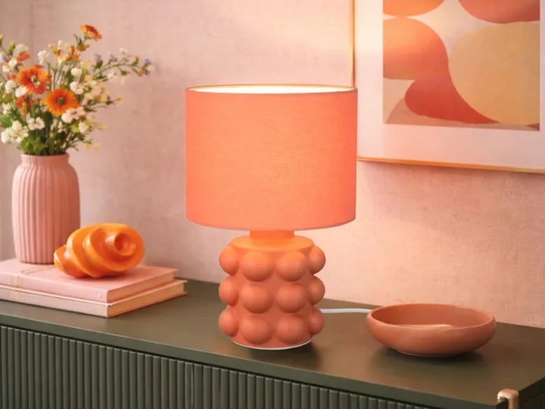 Retro LED Tischlampe mit Keramikfuß & Stoffschirm Orange, Höhe 30cm
