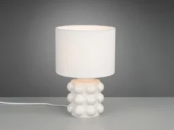 Retro LED Tischlampe mit Keramikfuß & Stoffschirm Weiß, Höhe 30cm