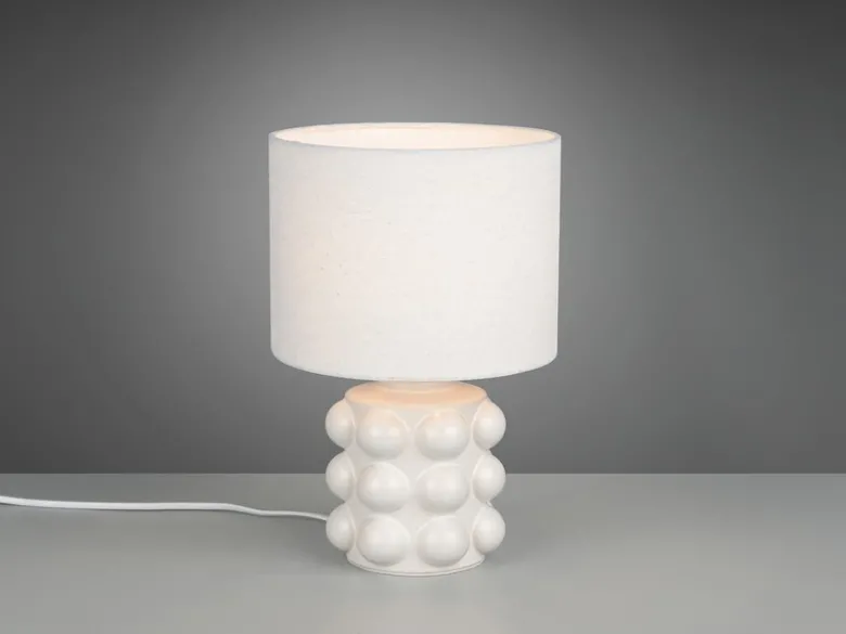 Retro LED Tischlampe mit Keramikfuß & Stoffschirm Weiß, Höhe 30cm
