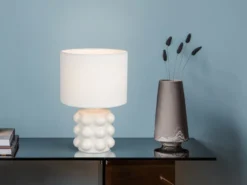 Retro LED Tischlampe mit Keramikfuß & Stoffschirm Weiß, Höhe 30cm