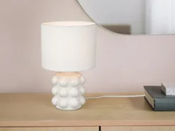 Retro LED Tischlampe mit Keramikfuß & Stoffschirm Weiß, Höhe 30cm