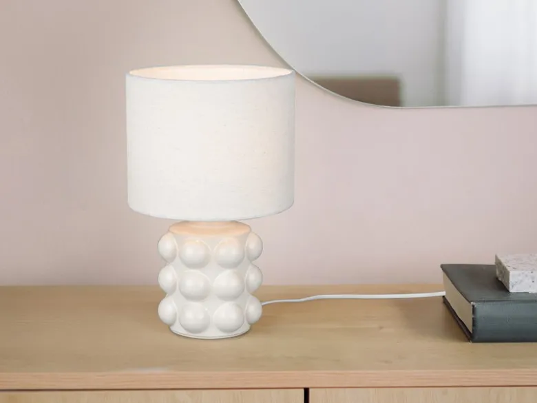 Retro LED Tischlampe mit Keramikfuß & Stoffschirm Weiß, Höhe 30cm