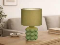 Retro LED Tischlampe mit Keramikfuß & Stoffschirm Grün, Höhe 30cm