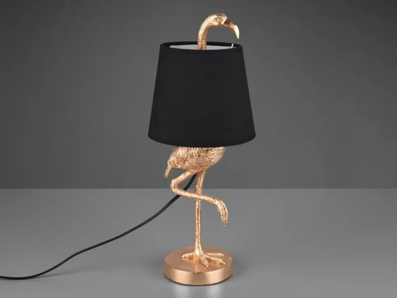 Retro LED Tischleuchte Flamingo Gold mit Stoffschirm in Schwarz, Höhe 42cm