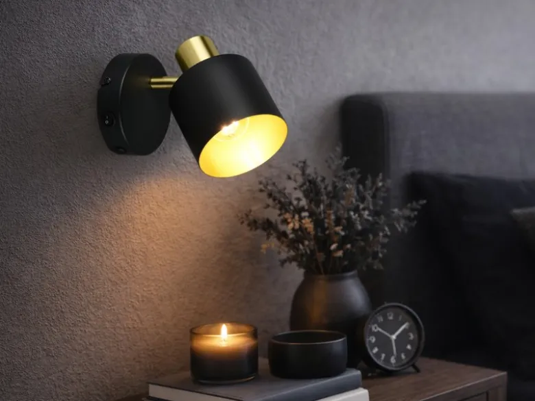 Retro LED Wandstrahler mit Schalter aus Metall Schwarz Gold, Höhe 17cm