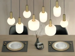 Retro Pendelleuchte DIVA 8-flammig mit Glasschirmen in Weiß, Breite 120cm