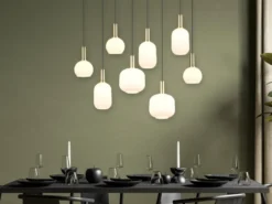 Retro Pendelleuchte DIVA 8-flammig mit Glasschirmen in Weiß, Breite 120cm