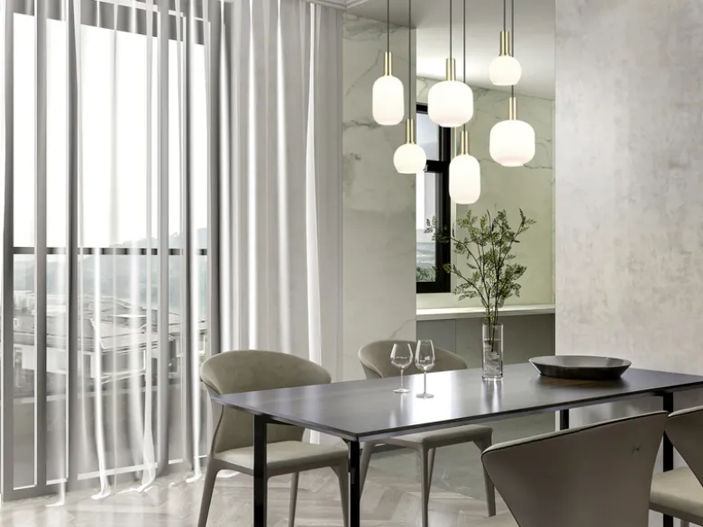 Retro Pendelleuchte DIVA 6-flammig mit Glasschirmen in Weiß, Breite 92cm