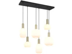 Retro Pendelleuchte DIVA 6-flammig mit Glasschirmen in Weiß, Breite 92cm