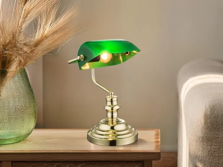 Retro Schreibtischlampe ANTIQUE Messing mit Glasschirm Grün, Höhe 36cm