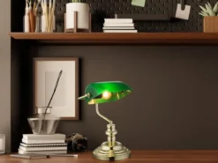 Retro Schreibtischlampe ANTIQUE Messing mit Acrylschirm Grün, Höhe 36cm