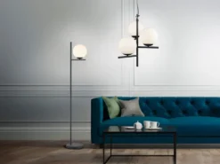 Retro Stehlampe PURE Schwarz mit Glaskugel Lampenschirm Weiß, Höhe 150cm