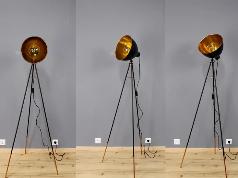 Retro Stehleuchte MERKUR mit schwenkbarem Schirm in Blättergoldoptik, Höhe 136cm