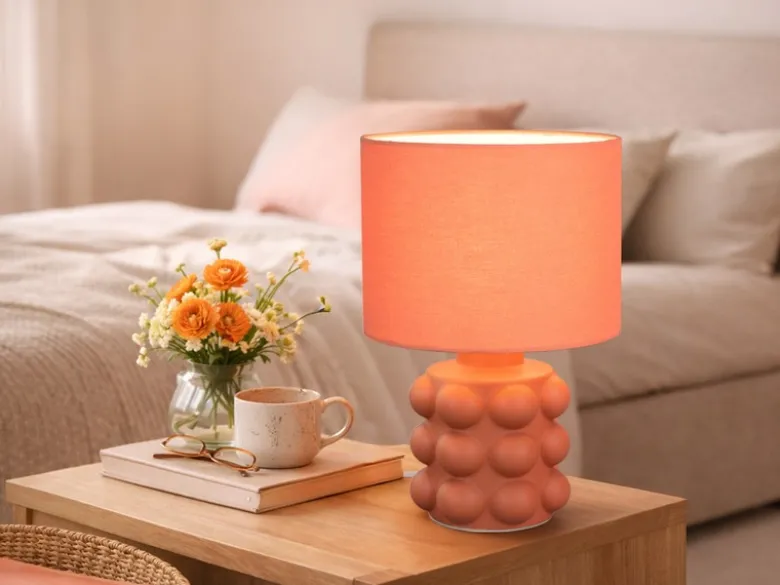 Retro Tischlampe KATE mit Keramikfuß & Stoffschirm Orange, Höhe 30cm