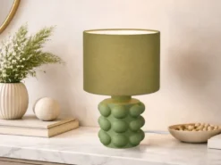 Retro Tischlampe KATE mit Keramikfuß & Stoffschirm Grün, Höhe 30cm
