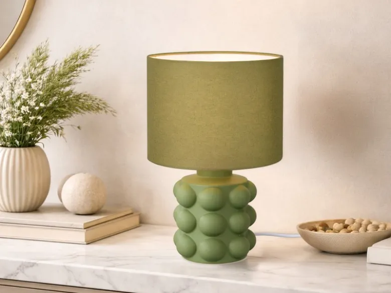 Retro Tischlampe KATE mit Keramikfuß & Stoffschirm Grün, Höhe 30cm
