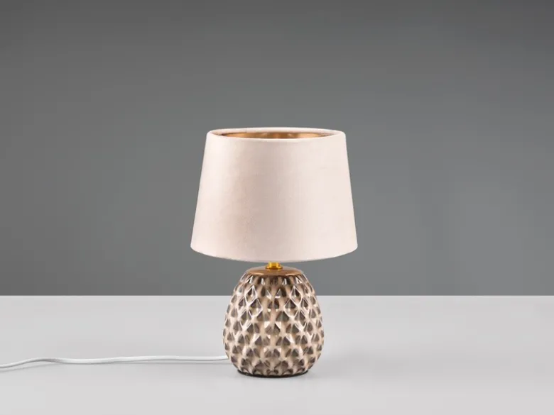 Retro Tischleuchte ARIANA mit Samtschirm in Beige/Gold, Höhe 27cm