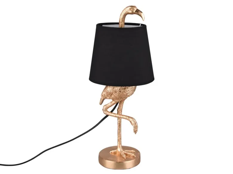 Retro Tischleuchte LOLA Flamingo Gold mit Stoffschirm in Schwarz, Höhe 42cm