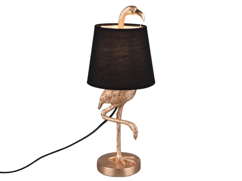 Retro Tischleuchte LOLA Flamingo Gold mit Stoffschirm in Schwarz, Höhe 42cm