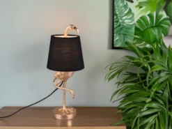 Retro Tischleuchte LOLA Flamingo Gold mit Stoffschirm in Schwarz, Höhe 42cm