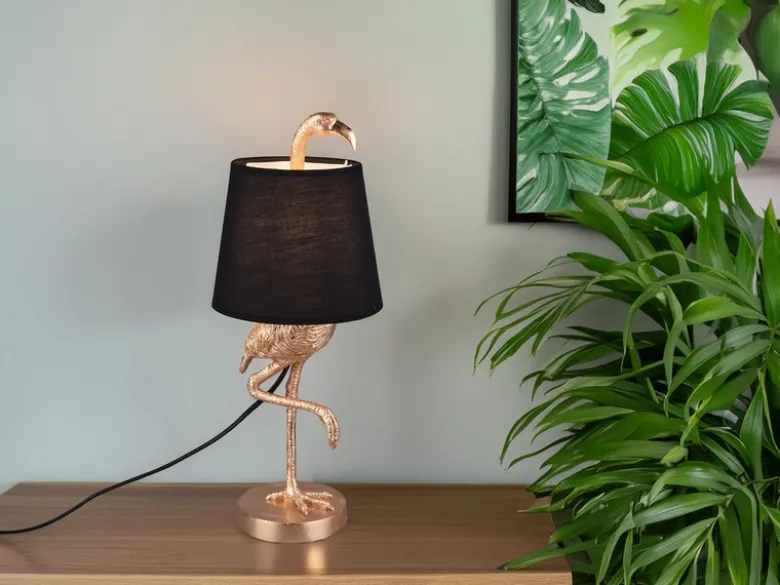 Retro Tischleuchte LOLA Flamingo Gold mit Stoffschirm in Schwarz, Höhe 42cm