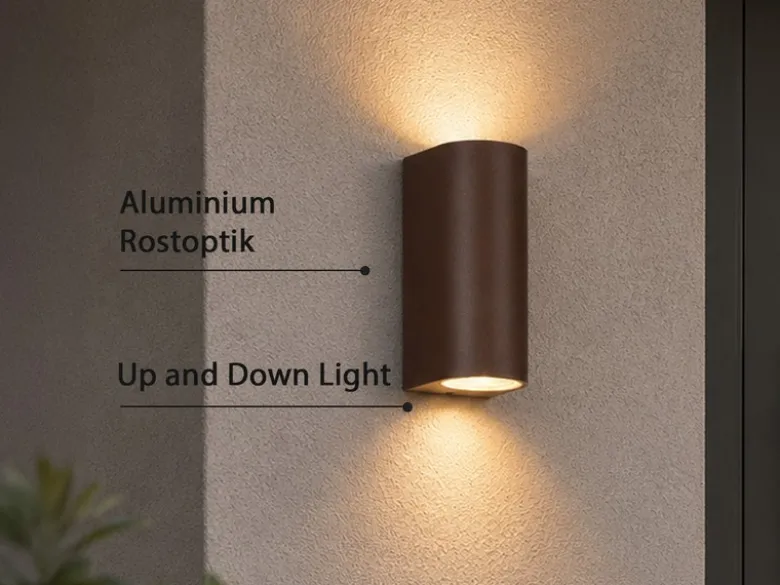 Runde Außenwandleuchte Up and Down Rostoptik mit GU10 LED, Höhe 15cm
