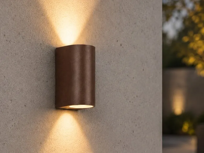 Runde Außenwandleuchte Up and Down Rostoptik mit GU10 LED, Höhe 15cm