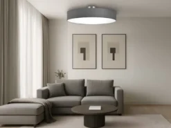 Runde LED Deckenleuchte mit Stoffschirm in Grau, Ø 65cm