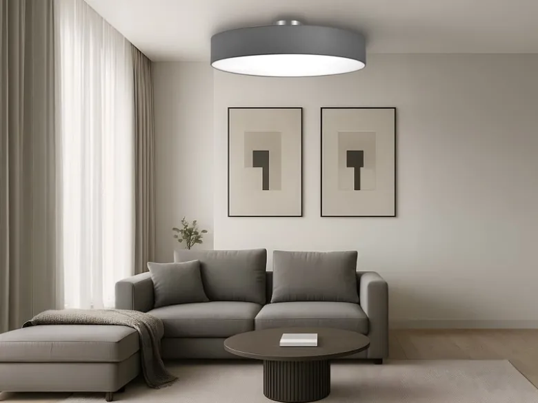 Runde LED Deckenleuchte mit Stoffschirm in Grau, Ø 65cm