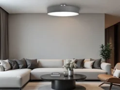 Runde LED Deckenleuchte mit Stoffschirm in Grau, Ø 65cm