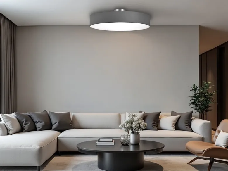 Runde LED Deckenleuchte mit Stoffschirm in Grau, Ø 65cm