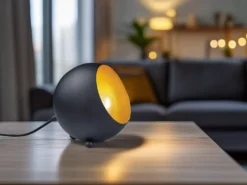Runde LED Tischleuchte Retro aus Metall in Schwarz matt & innen Gold, Höhe 16cm
