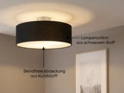 Runde zeitlose Deckenleuchte CALMA mit Stoffschirm in Schwarz Ø 40cm