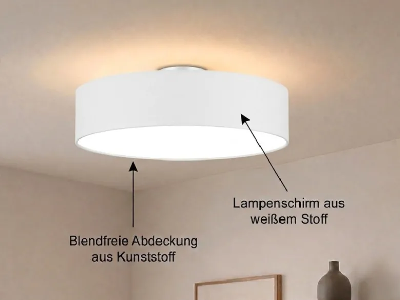 Runde zeitlose Deckenleuchte CALMA mit Stoffschirm in Weiß Ø 60cm