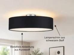 Runde zeitlose Deckenleuchte CALMA mit Stoffschirm in Schwarz Ø 50cm