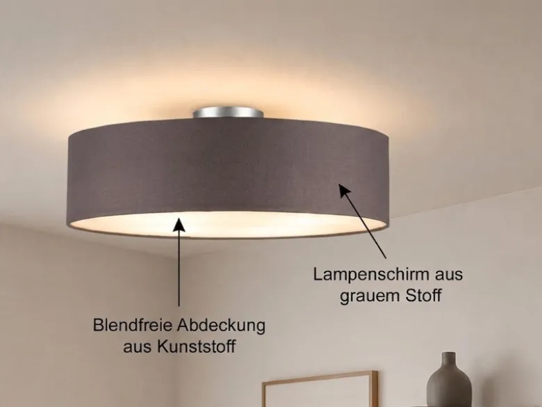 Runde zeitlose Deckenleuchte CALMA mit Stoffschirm in Braun-Grau Ø 50cm