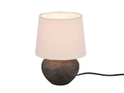 Rustikale Keramik LED Tischleuchte braun Stoffschirm in beige, Höhe 25cm