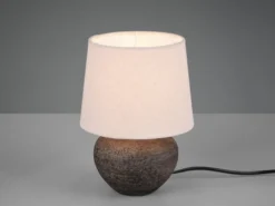 Rustikale Keramik LED Tischleuchte braun Stoffschirm in beige, Höhe 25cm