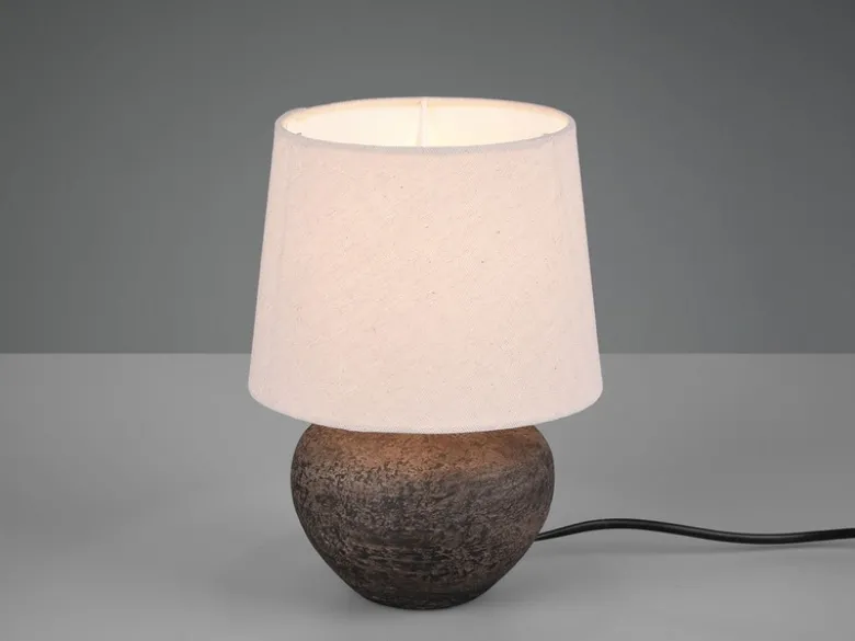 Rustikale Keramik LED Tischleuchte braun Stoffschirm in beige, Höhe 25cm