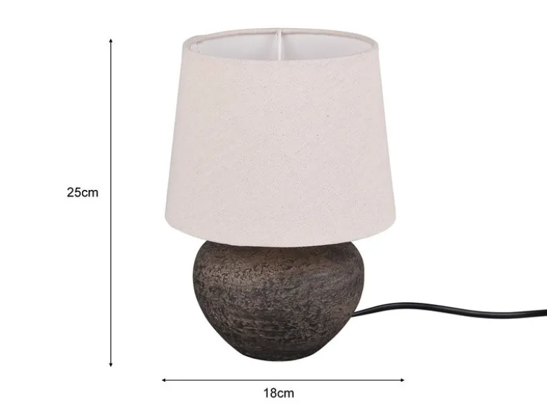 Rustikale Keramik LED Tischleuchte braun Stoffschirm in beige, Höhe 25cm