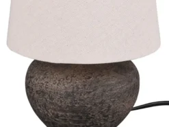 Rustikale Keramik LED Tischleuchte braun Stoffschirm in beige, Höhe 25cm